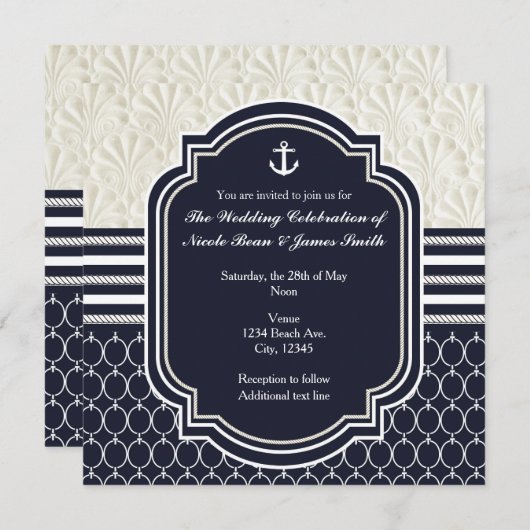 Invitation Nautique Marine & White Elegant Beach Mariage (Devant / Derrière)