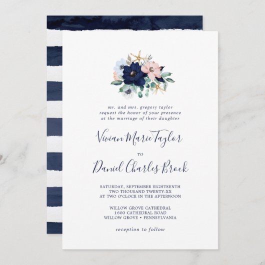 Invitation Nautique moderne | Floral Mariage traditionnel (Devant / Derrière)