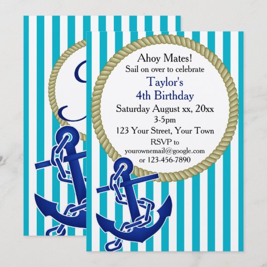 Invitation Nautique Personnalisée fête d'anniversaire (Devant / Derrière)