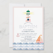 Invitation Nautique phare voilier rose fille Baptême Inv (Devant)