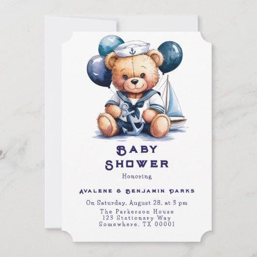 Invitation Nautique Teddy Bear Delight Boy Baby shower (Devant)