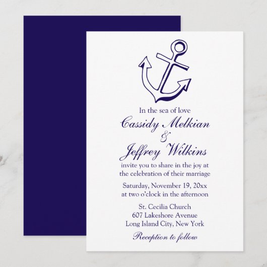 Invitation Navire nautique Ancre Marine Mariage bleu marin (Devant / Derrière)