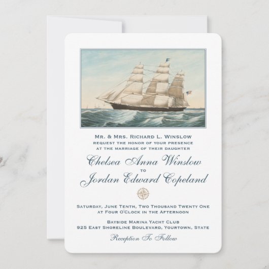 Invitation Navire Nautique Clipper | Mariage classique (Devant)