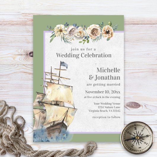 Invitation Navire nautique - Sage et Lavender Floral Mariage