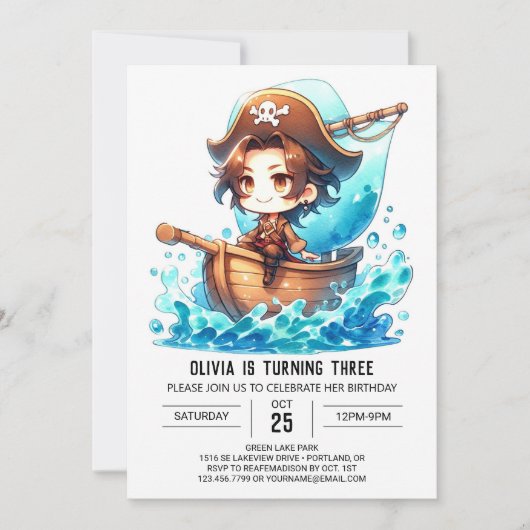 Invitation Navire Petite Pirate Anniversaire (Devant)