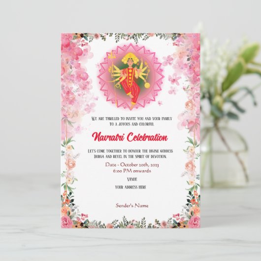 Invitation Navratri Durga Puja Célébration Florale (Debout devant)