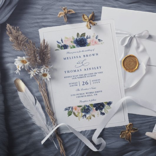 Invitation Navy and Blush Rustic Elegant Chic QR Code Wedding