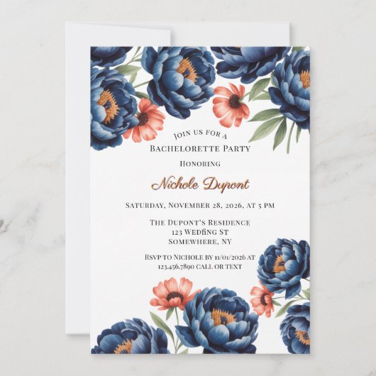 Invitation Navy and Burnt Orange Floral Bachelorette Party (Devant)