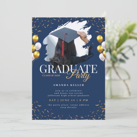Invitation Navy and Gold Graduation Party (Debout devant)