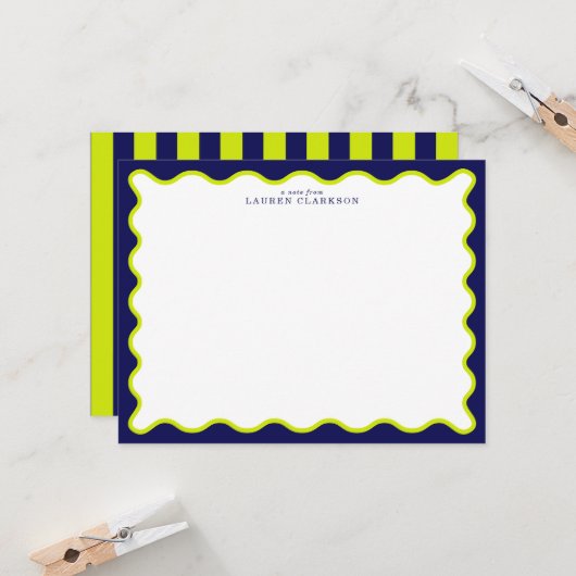 Invitation Navy and Lime Striped Back Wavy Frame Note Card (Devant/Arrière en situation)