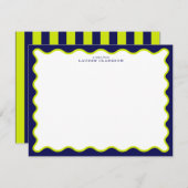 Invitation Navy and Lime Striped Back Wavy Frame Note Card (Devant / Derrière)