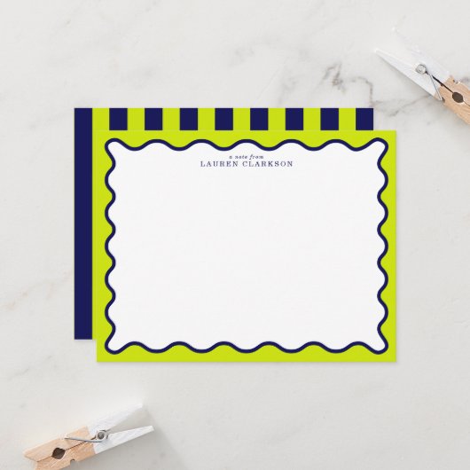 Invitation Navy and Lime Striped Wavy Frame Note Card (Devant/Arrière en situation)