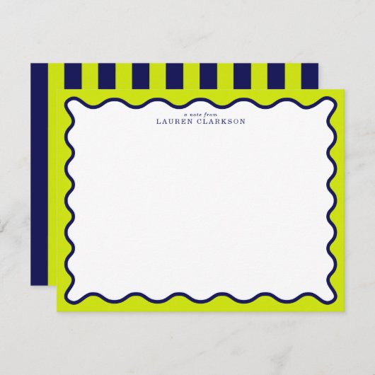 Invitation Navy and Lime Striped Wavy Frame Note Card (Devant / Derrière)