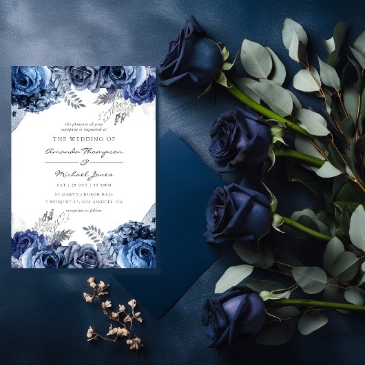 Invitation Navy and White with Silver Foil Floral Wedding