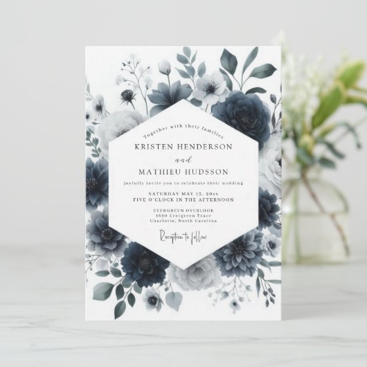 Invitation Navy Aquarelle Bloom Wedding (Debout devant)