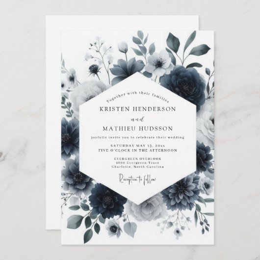 Invitation Navy Aquarelle Bloom Wedding (Devant / Derrière)