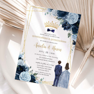 Invitation Navy Bébé Bleu Floral Jumeaux Fille Garçon Quincea