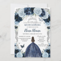 Navy Bébé Bleu Floral Vintage Argent Quinceanera