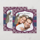 Invitation Navy & Berry Berry Elégant Damask Paon Mariage (Devant / Derrière)