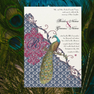 Invitation Navy & Berry Berry Elégant Damask Paon Mariage