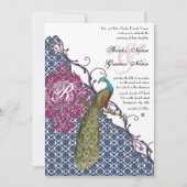 Invitation Navy & Berry Berry Elegant Damask Peacock Mariage (Devant)
