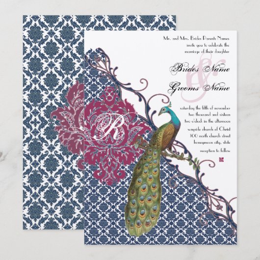 Invitation Navy & Berry Berry Elegant Damask Peacock Mariage (Devant / Derrière)