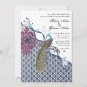 Invitation Navy & Berry Berry Elegant Damask Peacock Mariage (Devant)