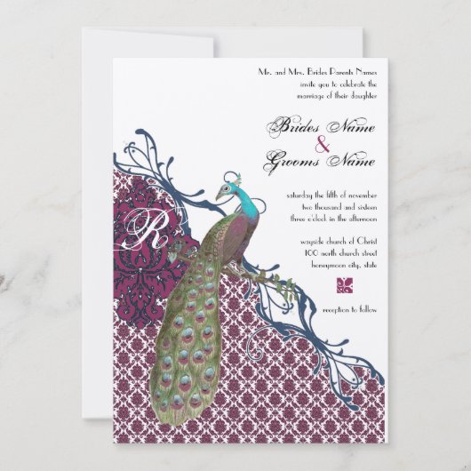 Invitation Navy & Berry Berry Elegant Damask Peacock Mariage (Devant)