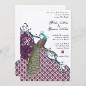 Invitation Navy & Berry Berry Elegant Damask Peacock Mariage (Devant / Derrière)