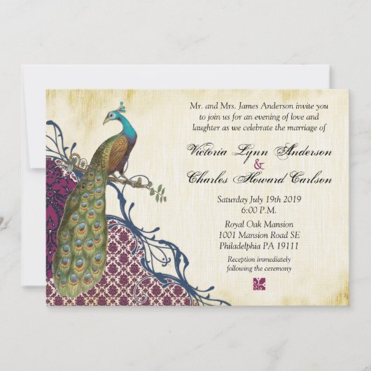 Invitation Navy & Berry Berry Elegant Damask Peacock Mariage (Devant)