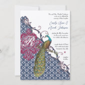 Invitation Navy & Berry Berry Elegant Damask Peacock Mariage (Devant)
