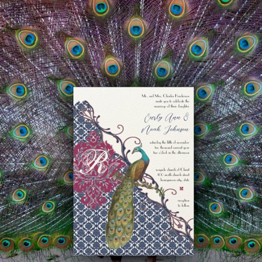 Invitation Navy & Berry Berry Elegant Damask Peacock Mariage