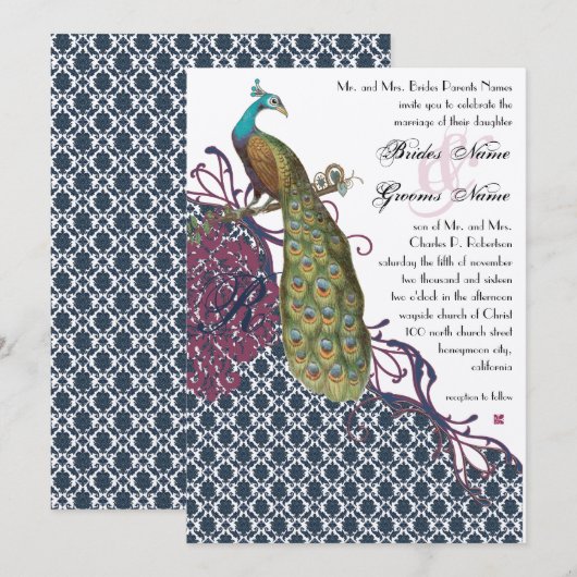 Invitation Navy & Berry Berry Elegant Damask Peacock Mariage (Devant / Derrière)