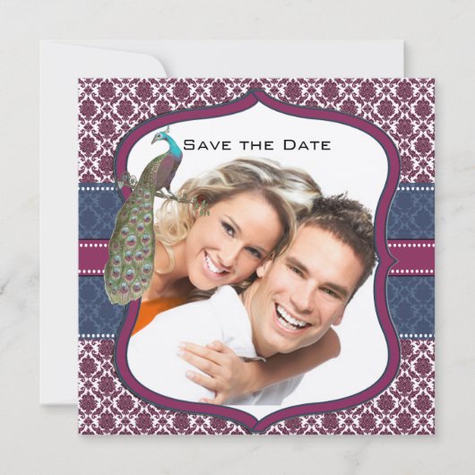 Invitation Navy & Berry Berry Elegant Damask Peacock Mariage (Devant)