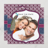 Invitation Navy & Berry Berry Elegant Damask Peacock Mariage (Devant / Derrière)