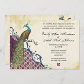 Invitation Navy & Berry Berry Elegant Damask Peacock Mariage (Devant / Derrière)