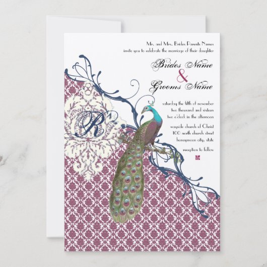 Invitation Navy & Berry Berry Elegant Damask Peacock Mariage (Devant)