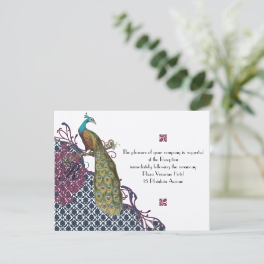 Invitation Navy & Berry Berry Elegant Damask Peacock Mariage (Debout devant)