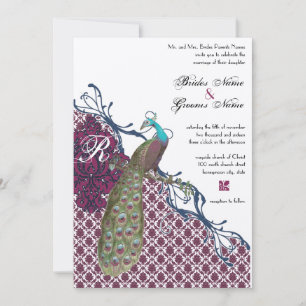 Invitation Navy & Berry Berry Élégant Damassé Paon Mariage