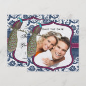 Invitation Navy & Berry Berry Elégant Mariage au Paon Damassé (Devant / Derrière)