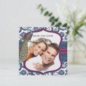 Invitation Navy & Berry Berry Elégant Mariage au Paon Damassé (Debout devant)