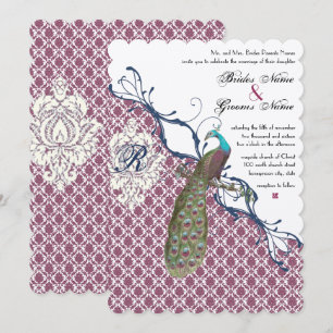 Invitation Navy & Berry Berry Élégant Mariage au Paon Damassé