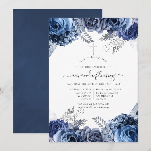 Invitation Navy & Blanc avec confirmation florale en feuille  (Devant / Derrière)