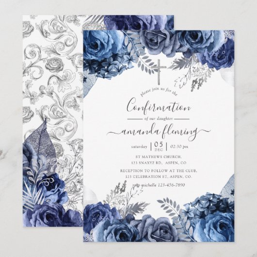 Invitation Navy & Blanc avec confirmation florale en feuille (Devant / Derrière)