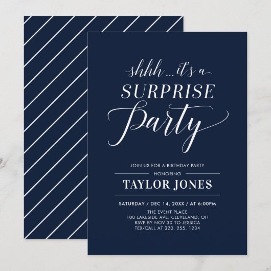 Invitation Navy & Blanc | Moderne Fête d'anniversaire surpris (Devant / Derrière)