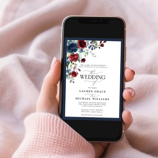 Invitation Navy Bleu Bourgogne Floral Aquarelle Script Invita