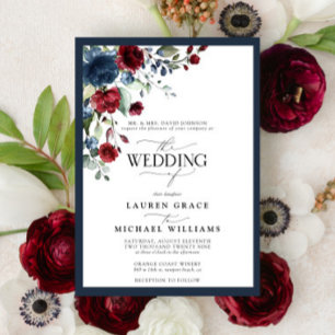 Invitation Navy Bleu Bourgogne Floral Aquarelle Script Invita