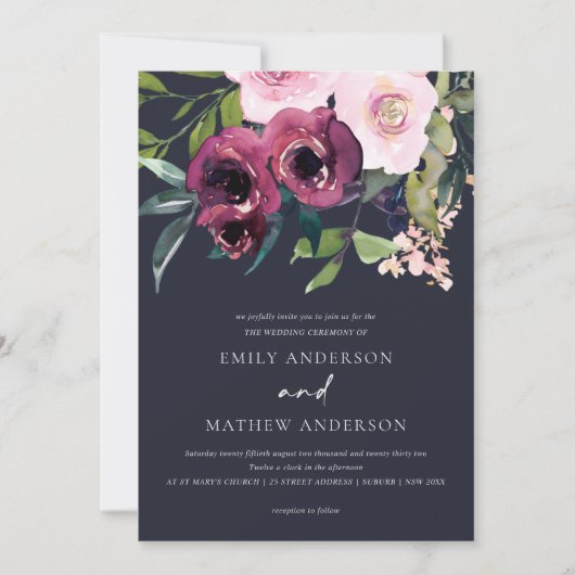 INVITATION NAVY BLEU CLAIR BOURGOGNE FLORAL BOUQUET MARIAGE (Devant)