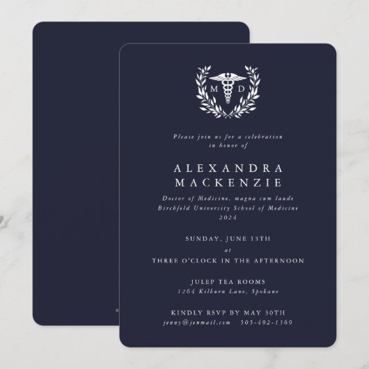 Invitation Navy bleu foncé Caducée de MD + Couronne de laurie (Devant / Derrière)
