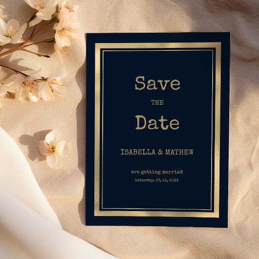 Invitation Navy bleu police de machine à écrire Save the Date